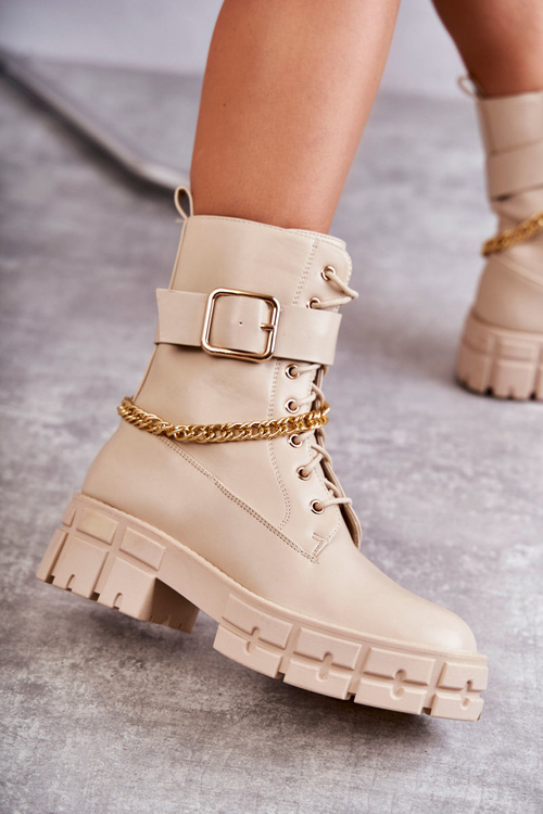 Modne Workery Botki Z Łańcuchem Beżowe Solesso