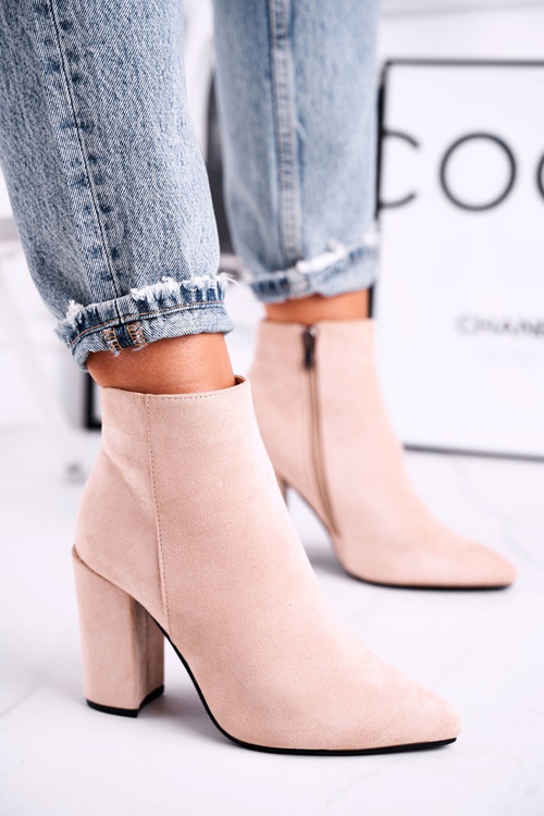 Botki Damskie na Słupku Zamszowe Beżowe Sharks