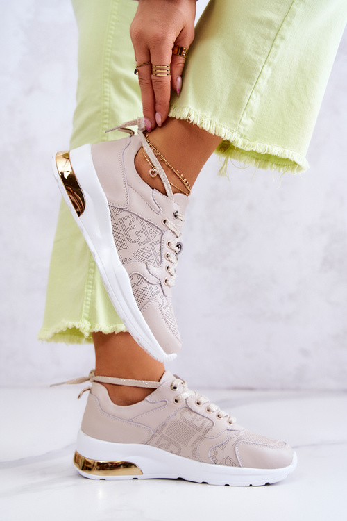 Skórzane Damskie Sneakersy Na Koturnie Beżowe Phiness