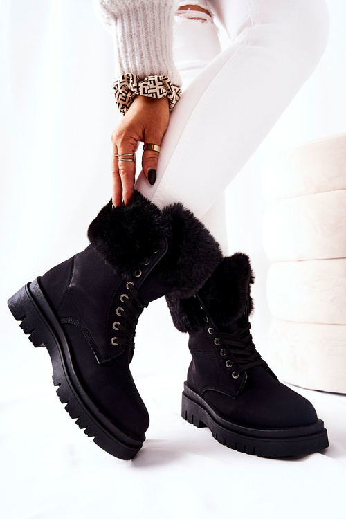 Skórzane Ocieplane Botki Z Futerkiem Czarne Farley