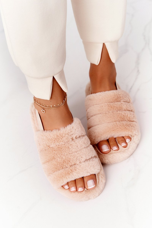 Futrzane Papcie Na Platformie Beżowe Snowflake