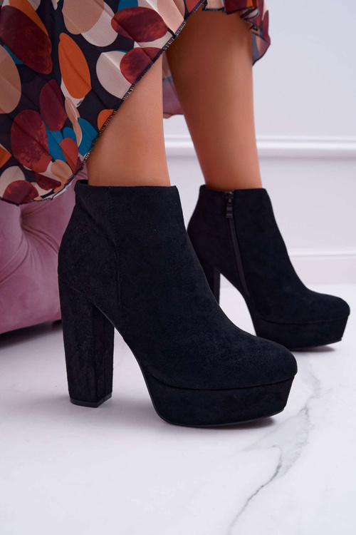 Botki Damskie na Słupku Platformie Zamszowe Czarne Celinne