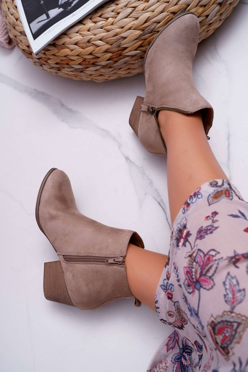 Botki Damskie Na Obcasie Suwak Zamszowe Beżowe Farre