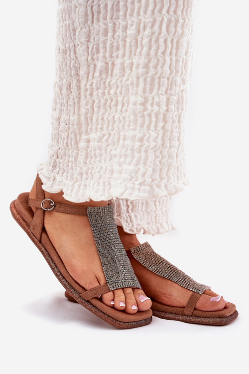 Płaskie Eleganckie Sandały Damskie Z Kryształkami Artiker 56C1365 Brązowe