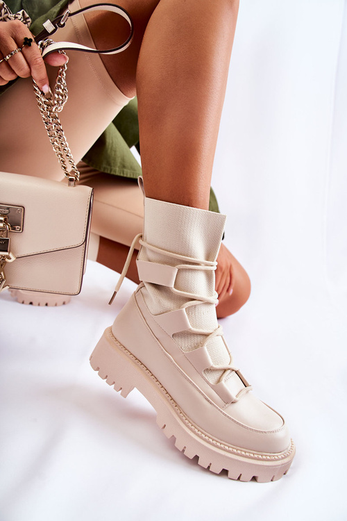 Damskie Botki Workery Ze Skarpetą Beżowe Fallor