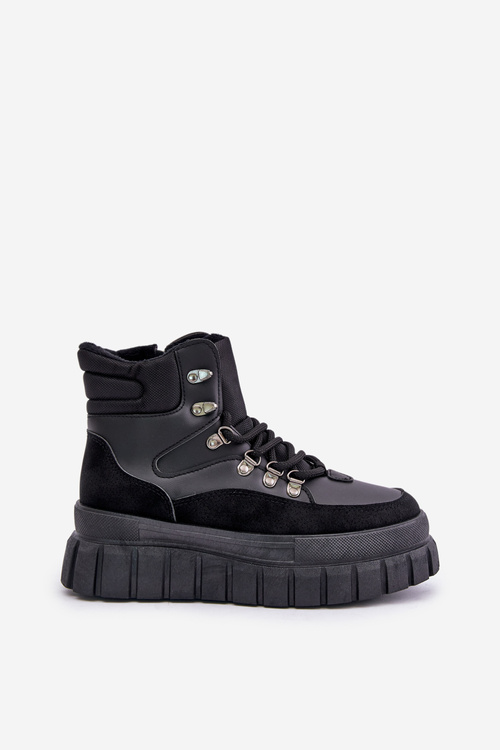 Damskie Ocieplane Botki Trapery Na Platformie Czarne Jelenia