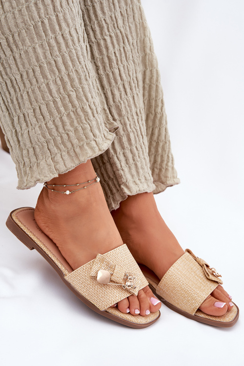 Klapki Damskie Na Płaskim Obcasie Z Kokardą Beżowe Sallariela