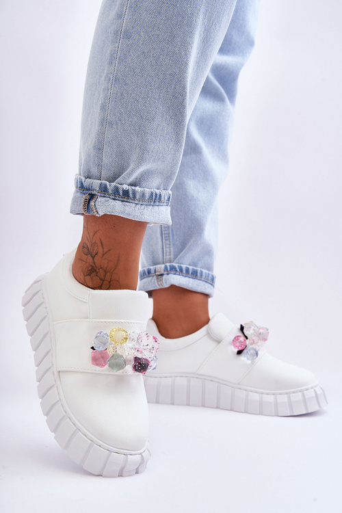 Modne Wsuwane Buty Sportowe Półbuty Z Ozdobą Białe Desire