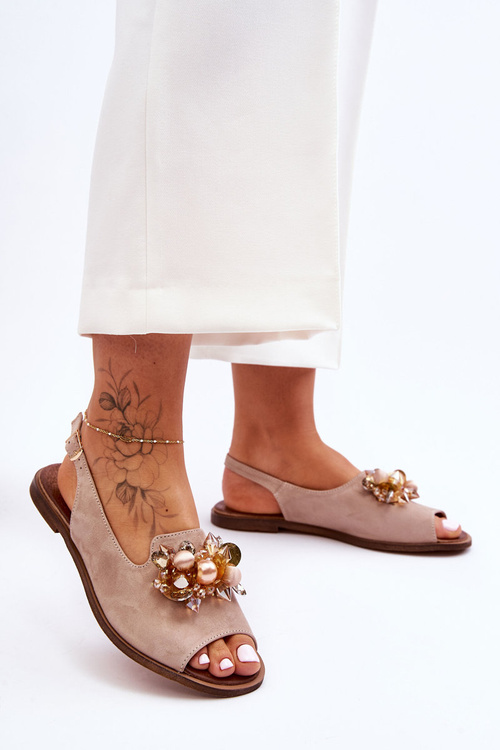 Zamszowe Płaskie Sandały Nicole 2805/042 Beżowe