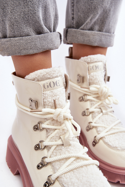 Lakierowane Skórzane Botki Trapery Damskie GOE MM2N4083 Białe