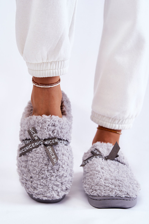 Damskie Futrzane Papcie Z Kokardką Szare Ryana