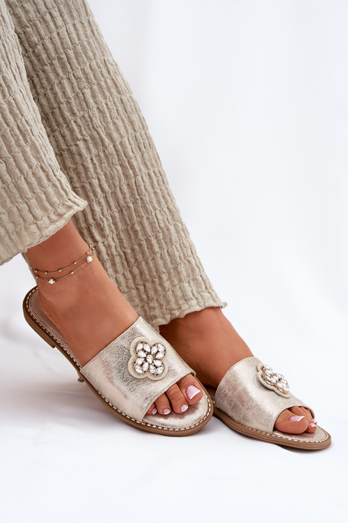 Klapki Damskie Na Płaskim Obcasie Z Ozdobnym Detalem S.Barski KV51-087 Złote