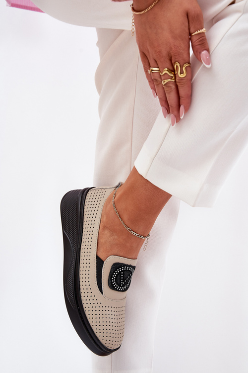 Mokasyny Damskie Skórzane Na Platformie I Koturnie Vinceza 79522 Beżowe