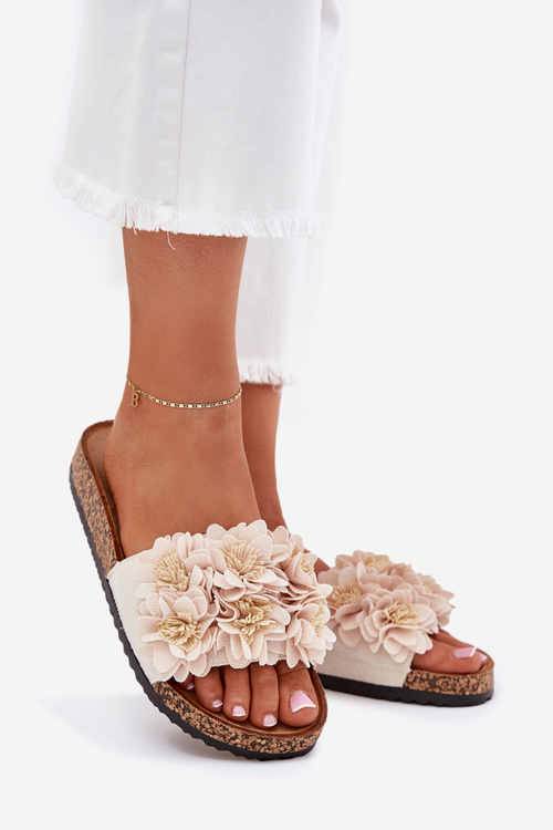 Klapki Damskie Na Korkowej Podeszwie Z Kwiatkami Beżowe Ferenza