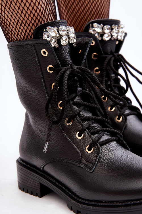 Skórzane Damskie Botki Workery Z Ozdobą Zazoo 1757 Czarne