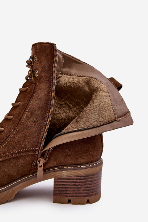 Damskie Botki Na Niskim Obcasie Sznurowane Brązowe Adinail