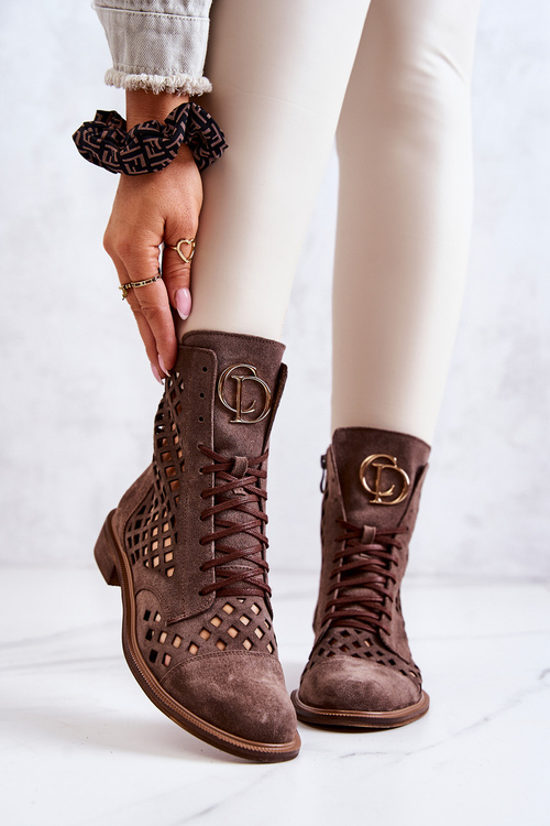 Ażurowe Skórzane Botki Nicole Brązowe 2695