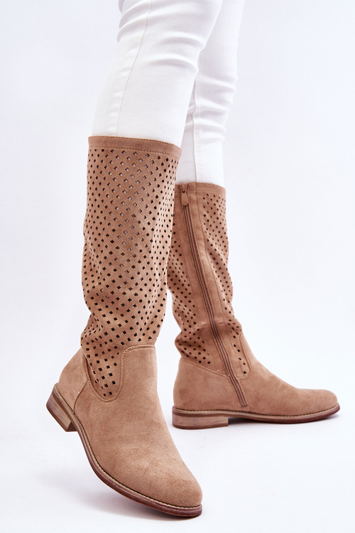 Damskie Zamszowe Ażurowe Kozaki Przed Kolano Beżowe Savannah