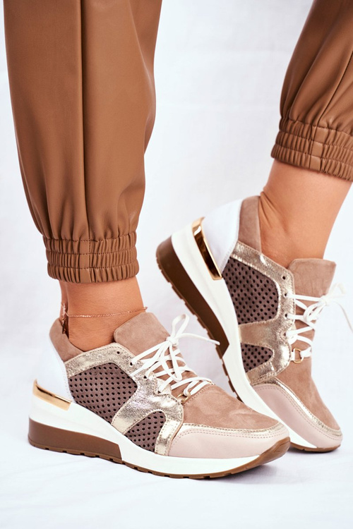 Skórzane Sneakersy Na Koturnie Beżowe Nicole 2562