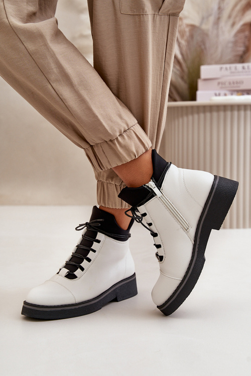 Botki Damskie Ocieplane Z Niską Cholewką Eko Skórzane Białe