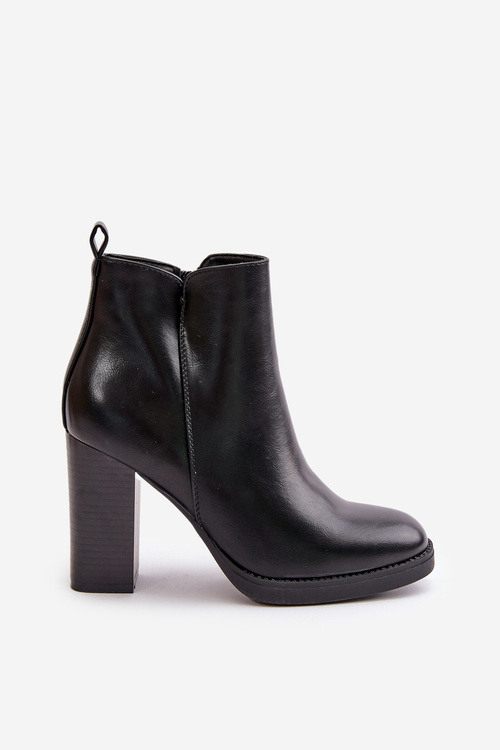 Ocieplane Botki Damskie Na Słupku Eko Skórzane Czarne Teresine