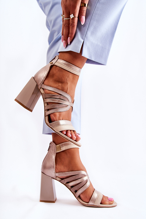 Damskie Skórzane Sandały Na Masywnym Słupku Maciejka 05514-04 Beżowo-Złote