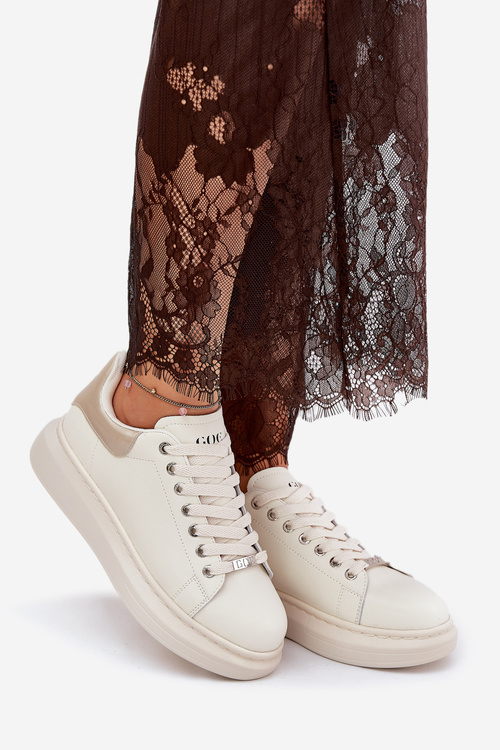 Skórzane Sneakersy Damskie Na Platformie GOE RR2N4004 Beżowe