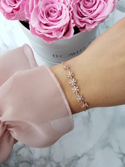 Damska Bransoleta Na Łańcuszku Kwiatki Różowe Złoto Larisa