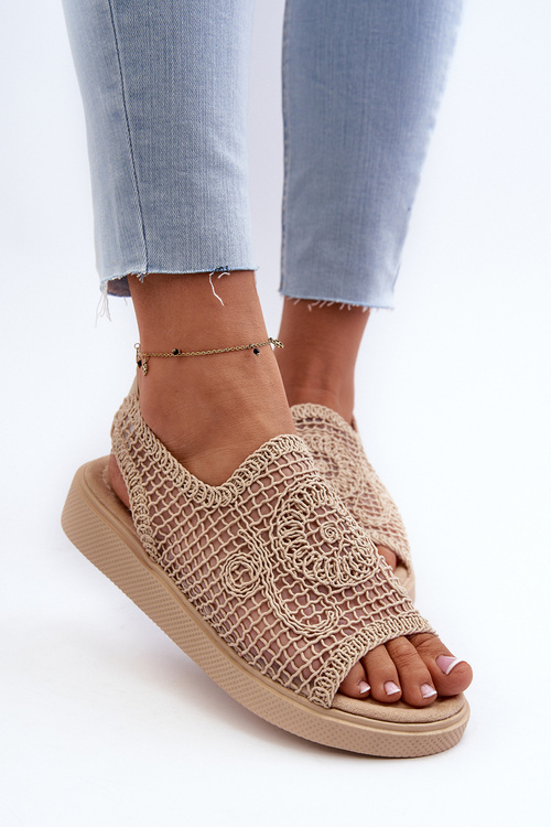 Ażurowe Sandały Damskie Na Platformie Beżowe Mennita