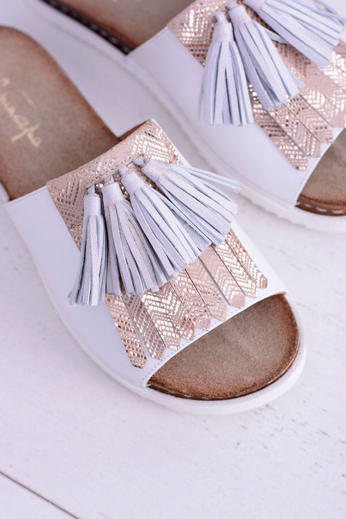 Skórzane Białe Eleganckie Klapki Maciejka Resto