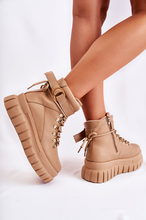 Modne Damskie Botki Na Platformie Z Paskiem Beżowe La Blanca