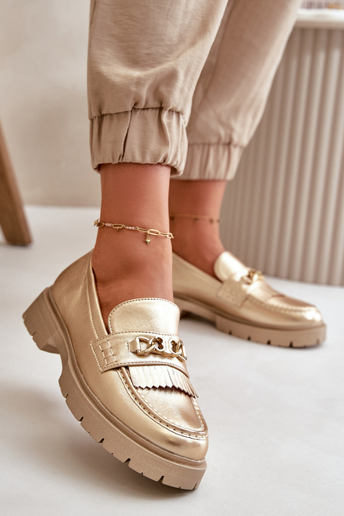 Eko Skórzane Mokasyny Damskie Z Ozdobą Złote Zanita