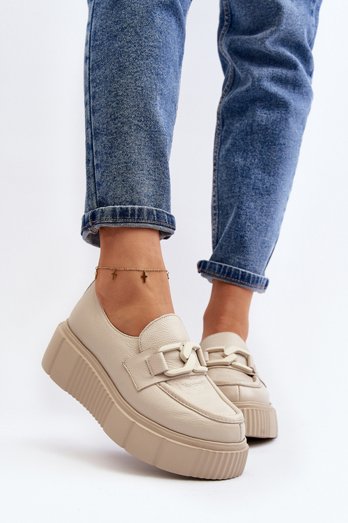 Zazoo 20101 Modne Skórzane Półbuty Na Platformie Jasnobeżowe