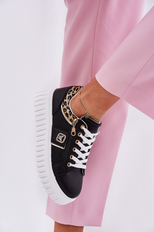 Buty Sportowe Damskie Na Platformie Z Eko Skóry Panterka Czarne Velionna