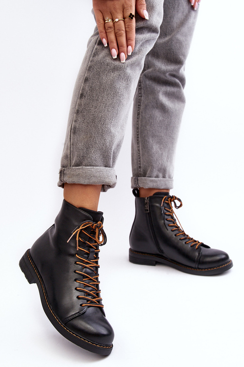 Skórzane Botki Trzewiki Damskie Czarne Ethel