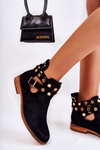 Damskie Botki Z Dżetami Na Płaskim Obcasie Czarne Larino
