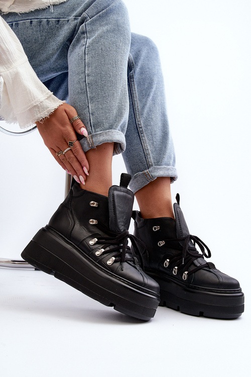 Zazoo 3416 Skórzane Damskie Buty Sportowe Czarne