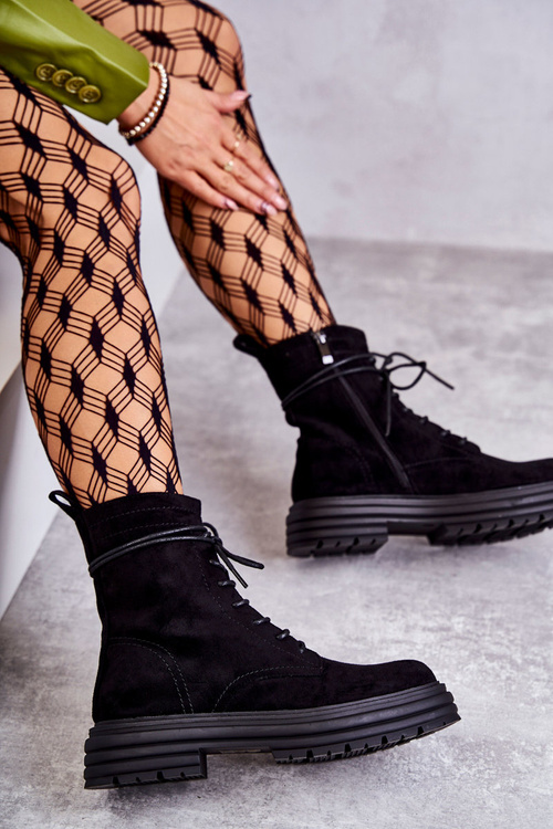 Damskie Zamszowe Botki Wiązane Czarne Afra