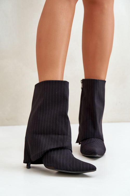 Botki Damskie W Paski Na Szpilce Z Wywiniętą Cholewką I Noskami W Szpic Czarne Naritua