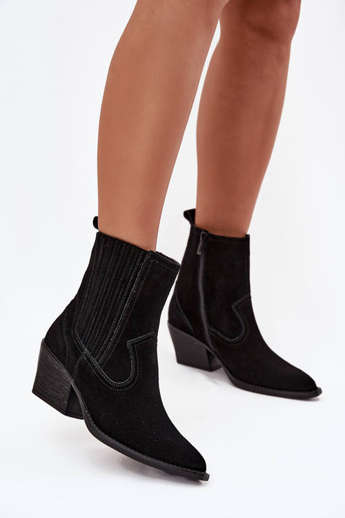 Zamszowe Botki Kowbojki Damskie Na Słupku Ocieplane Czarne Dylira