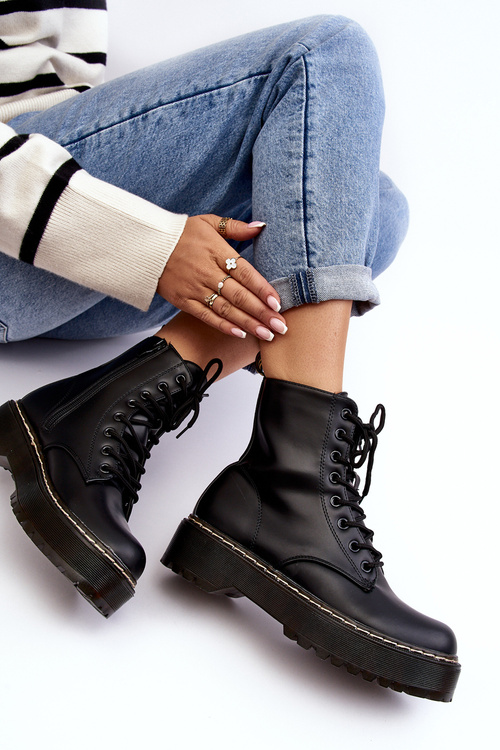 Damskie Sznurowane Botki Trapery Czarne Maddis