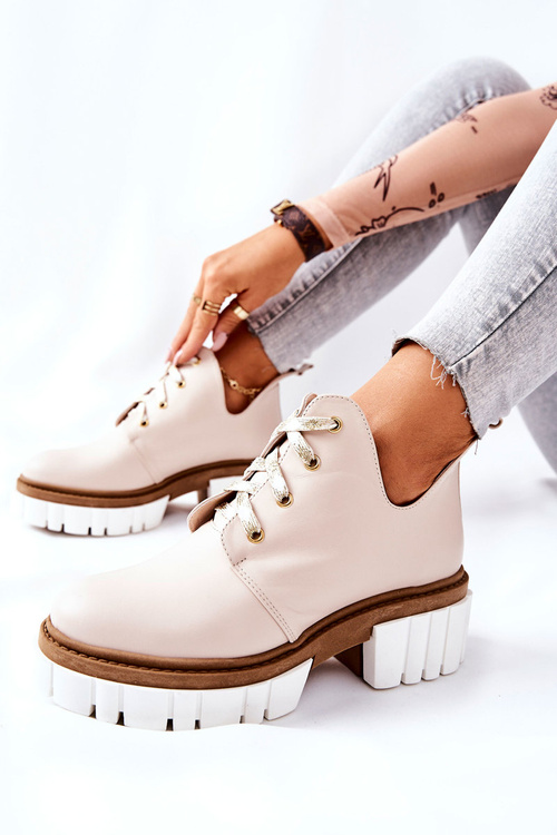 Skórzane Botki Z Wycięciem Wiązane Beżowe Kaxo