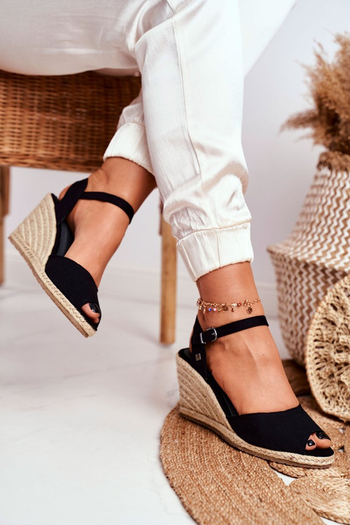 Sandały Damskie Na Plecionej Koturnie Big Star Czarne DD274A209