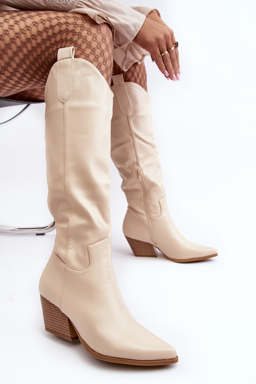 Damskie Kozaki Kowbojki Na Obcasie Jasnobeżowe Kaspella