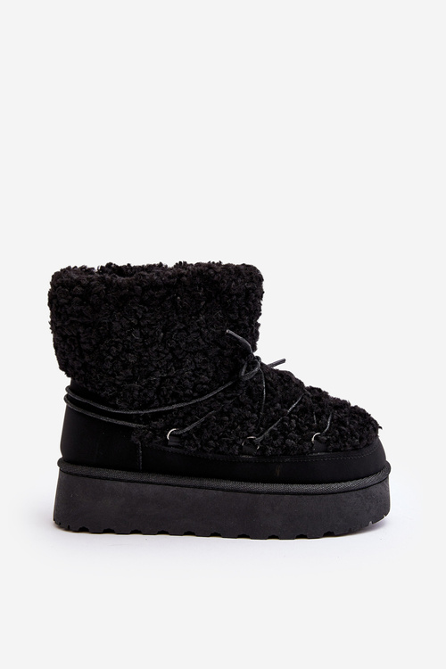 Wiązane Śniegowce Damskie Na Grubej Podeszwie Czarne Loso