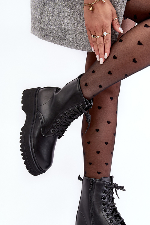 Damskie Sznurowane Botki Workery Na Grubej Podeszwie Czarne Biancis