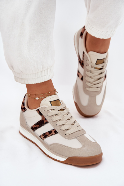 Niskie Sneakersy Damskie Panterka Beżowe Rulaana