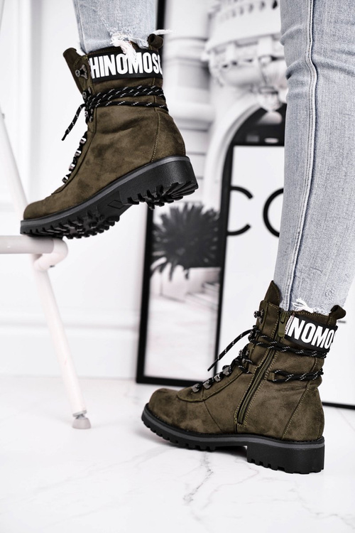 Botki Damskie Płaski Obcas Na Suwak Zielone Popsi