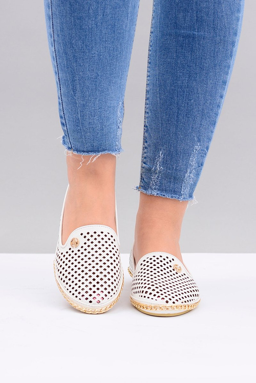 Lu Boo | Białe Ażurowe Balerinki Lordsy Stylish