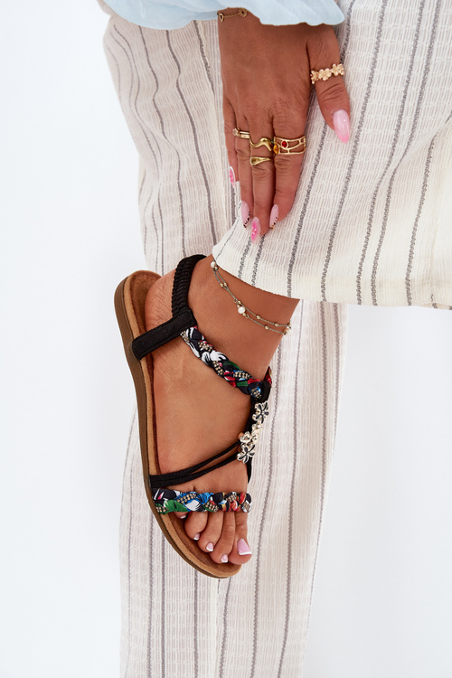 Sandały Damskie Z Przypinkami I Plecionymi Paskami Czarne Nusoreth